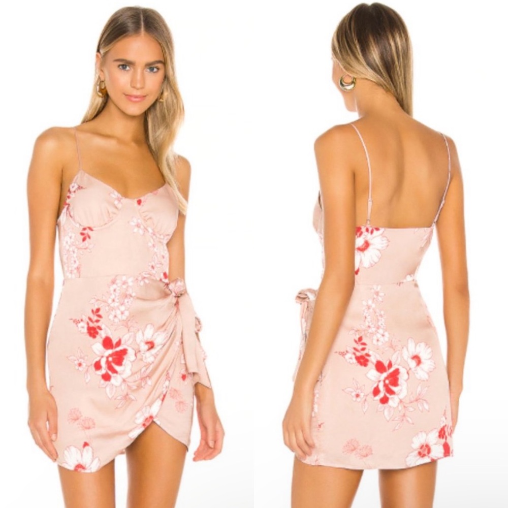 Camila Coelho Martina Satin Floral Pink Wrap Mini Dress